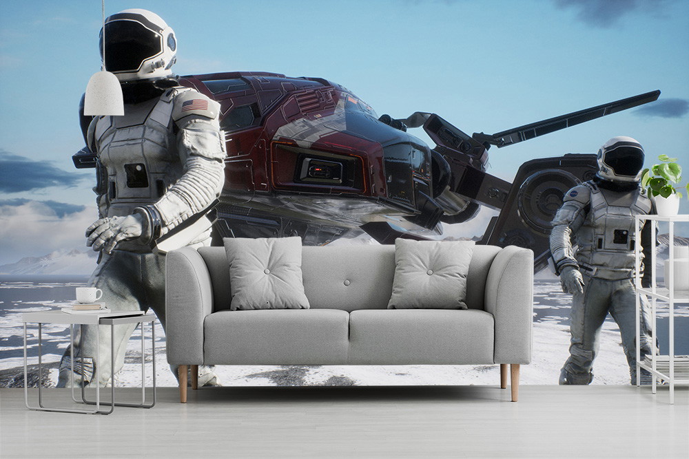 Fototapete - Zwei Astronauten in Raumanzügen stehen vor einem modernen Raumschiff in einer eisigen, futuristischen Landschaft