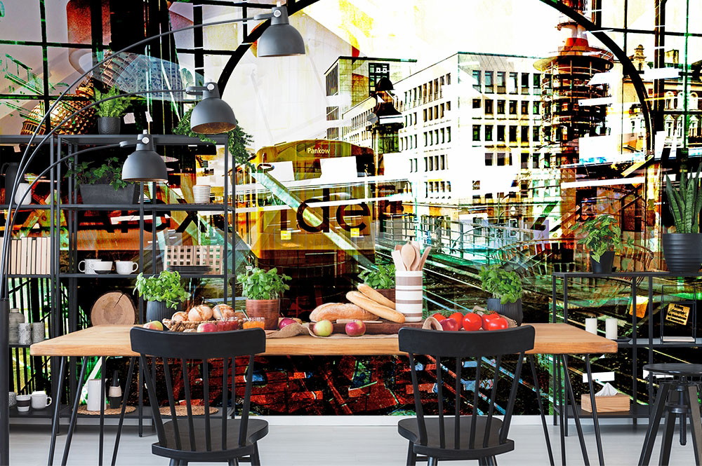 Fototapete - Küche mit modernem Stadtbild als Wanddesign, Esstisch mit Obst und Gemüse