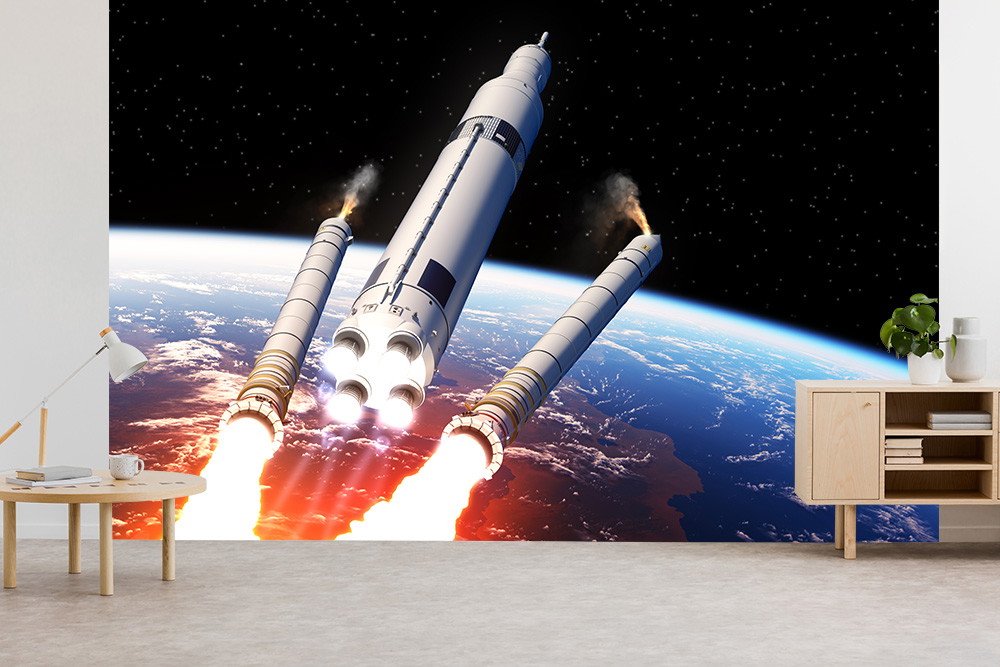 Wall mural - An impressive rocket launch above the earth's surface with glowing engines in space