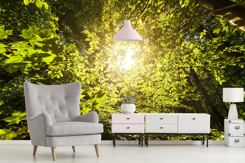 Wall mural - sunrays penetrate green canopy of leaves, complemented by modern living room design with grey armchair and chest of drawers