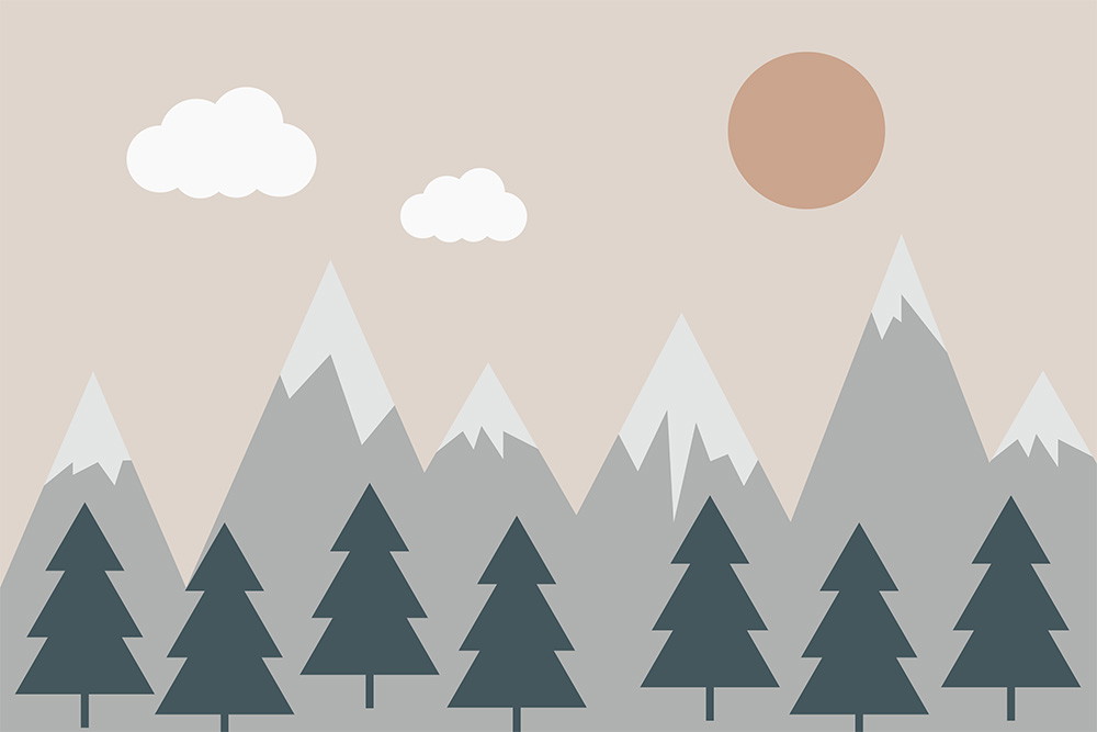 Muurschildering - Minimalistische illustratie van bergen, dennenbomen, zon en wolken