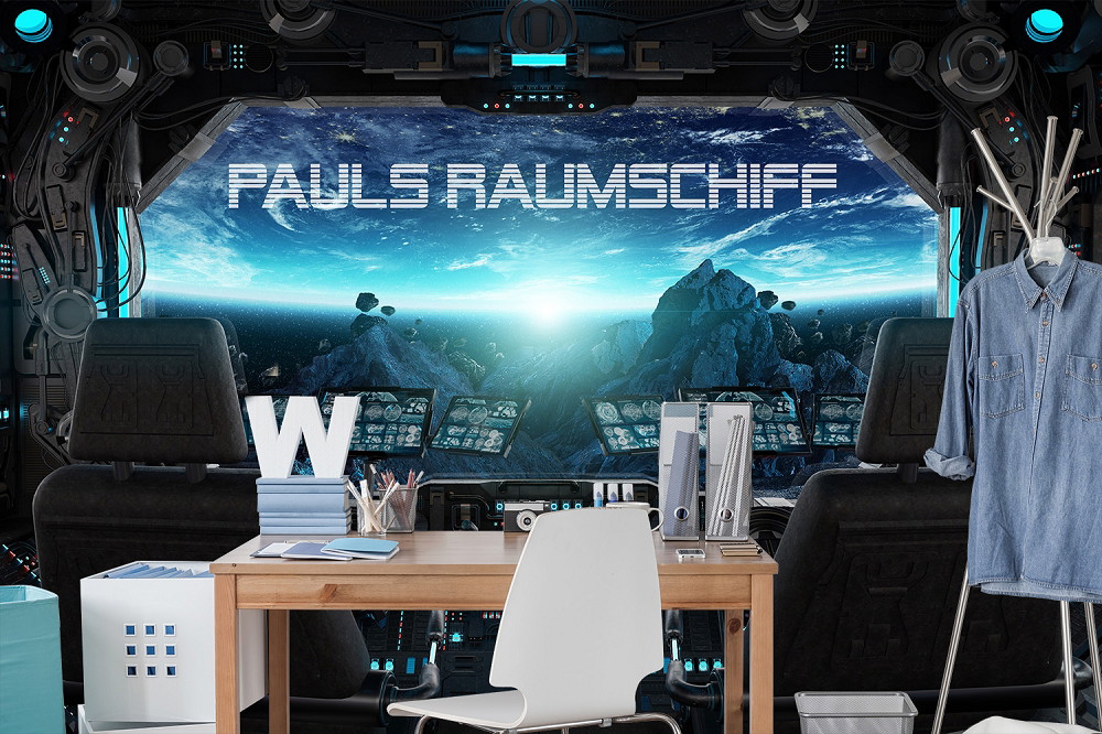 Wall mural - Interior view of a futuristic spaceship cockpit with a view of the glowing blue planet Earth in space