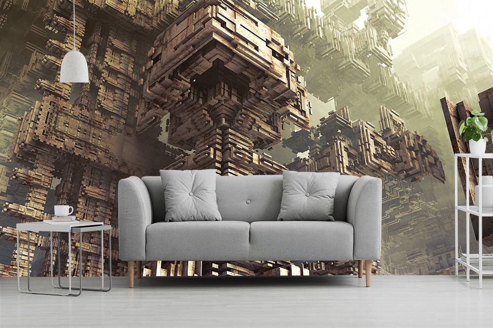 Fototapete - Sofa vor futuristischer Wandtapete mit geometrischen Strukturen in Erdtönen
