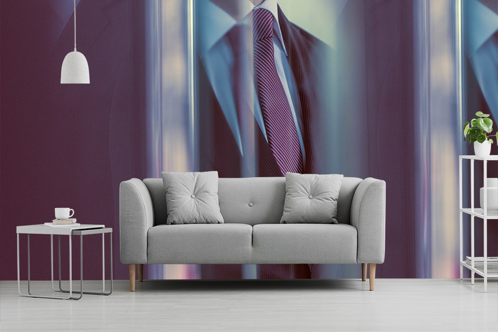 Muurschildering - Moderne woonkamer met grijze bank voor een stijlvolle muurschildering met pakpatroon