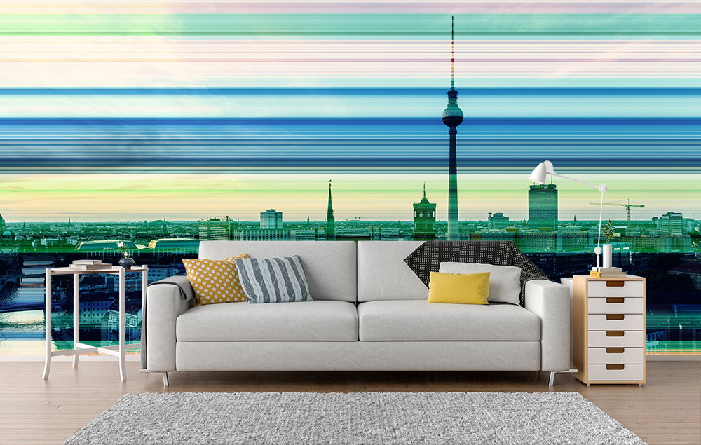 Wall mural - living room with modern design; Berlin skyline with colour stripes on the wallpaper