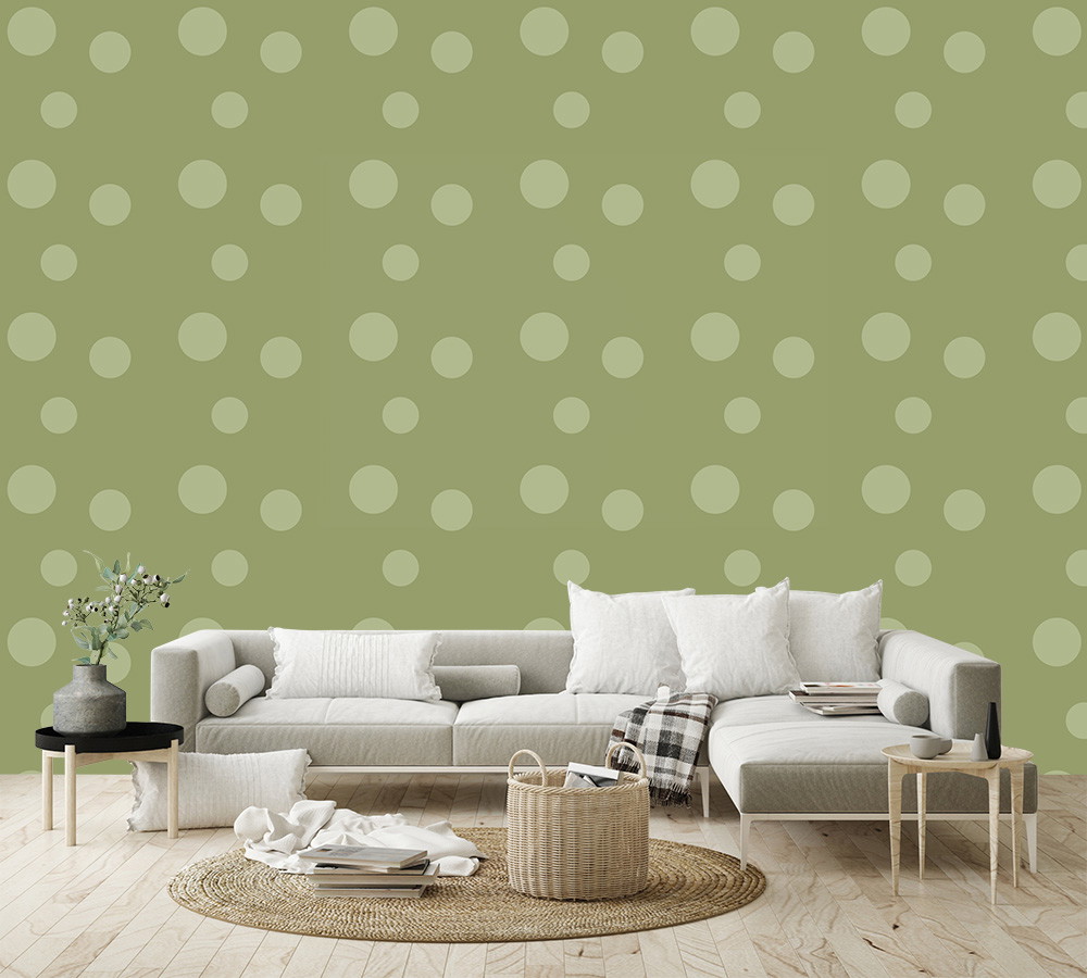 Fototapete - Elegantes Wohnzimmer mit grauem Sofa und grüner Punkten-Tapete