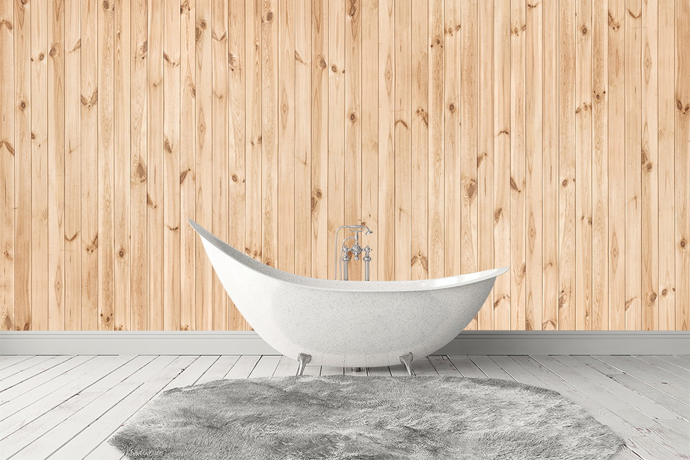 Fototapete - Freistehende Badewanne vor einer Holzwand in einem modernen Badezimmer