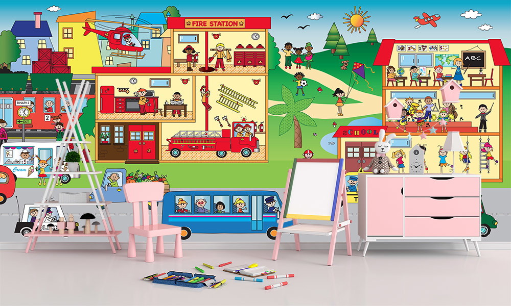 Fototapete - Eine lebhafte Illustration eines Kinderzimmers mit einer Feuerwehrstation, einer Schule und einem Park voller spielender Kinder