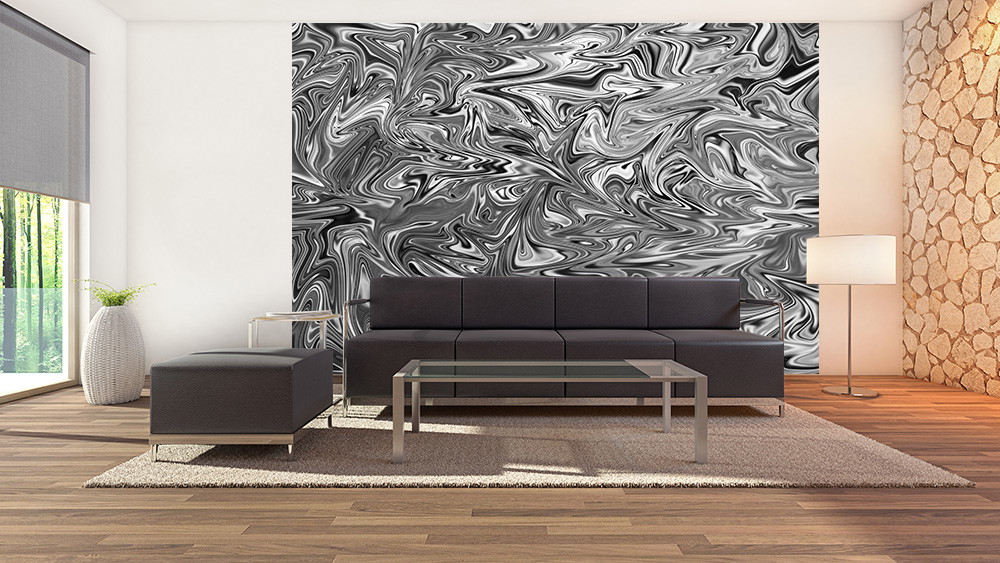 Fototapeta - Salon z czarno-białą marmurkową fototapetą umieszczoną za nowoczesną sofą w minimalistycznym stylu