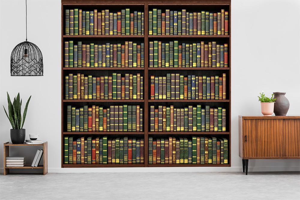 Fototapete - Dekorative Bücherregal-Fototapete in modernem Wohnraum