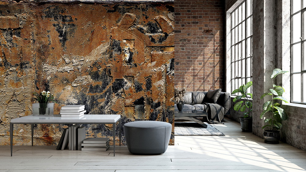 Wall mural - Living room in industrial design with concrete wall, modern sofa and plants