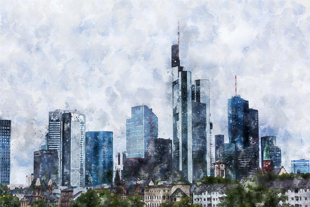 Fototapeta - Akwarela przedstawiająca panoramę Frankfurtu z drapaczami chmur i zachmurzonym niebem