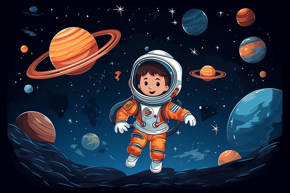 Papier peint photo - enfant en combinaison d'astronaute dans l'espace entouré de planètes