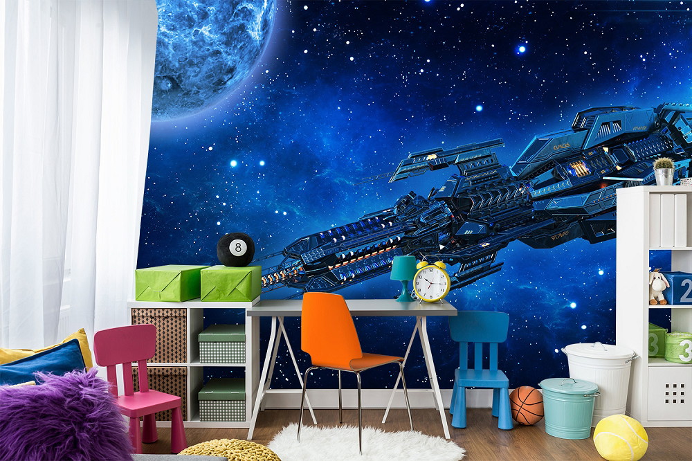 Fototapete - Futuristisches Raumschiff im Weltraum vor einem blauen Planeten, dekoriert mit modernen Möbeln