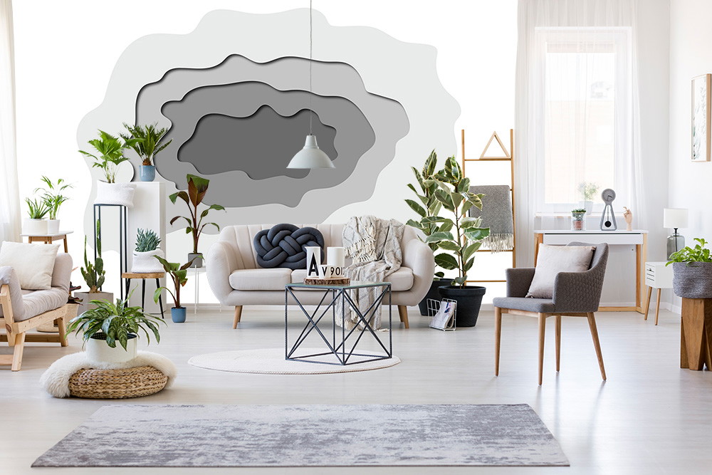 Wall mural - Stylish living room with grey wall design, sofa, plants and modern furnishings