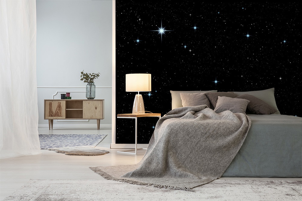 Wall mural - Modern bedroom with bed, bedside lamp and starry sky mural