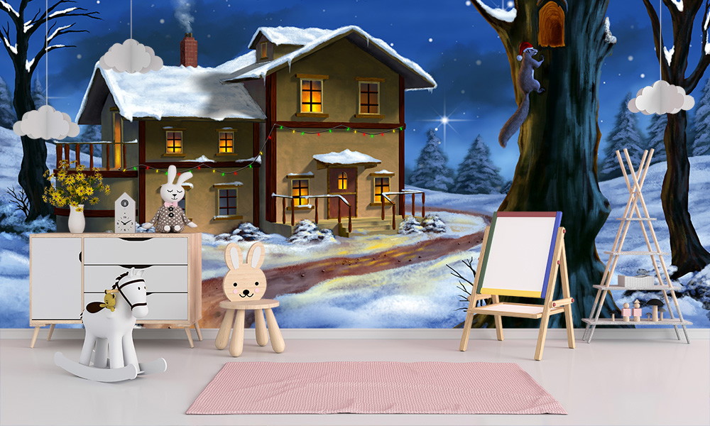 Fototapete - Gemütliches Haus in verschneiter Nachtlandschaft, passend für ein Kinderzimmer, mit Weihnachtsdekoration und winterlichem Charme.
