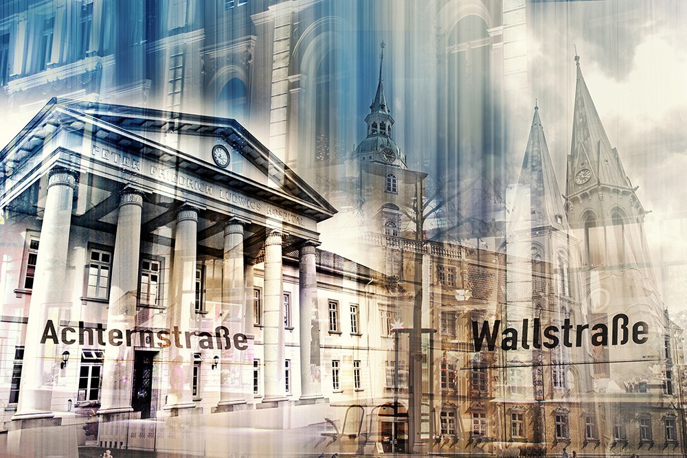 Wall mural - Historic buildings of the old town with street signs of Achternstraße and Wallstraße in artistic design