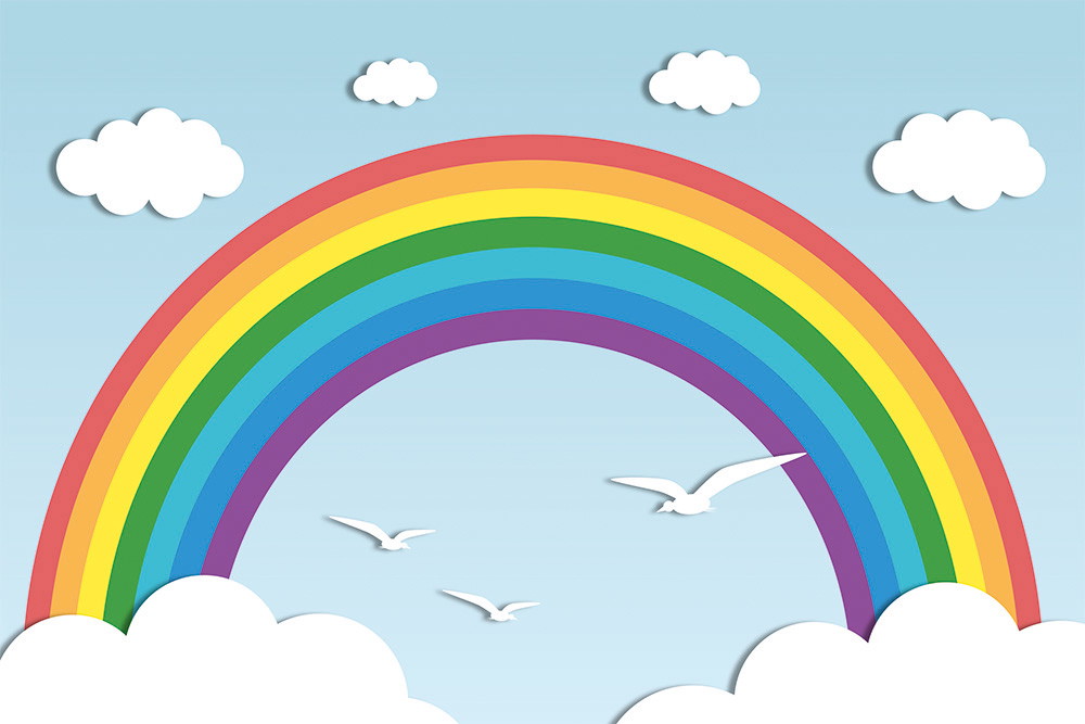 Muurschildering - Regenboog, wolken en meeuwen in de lucht