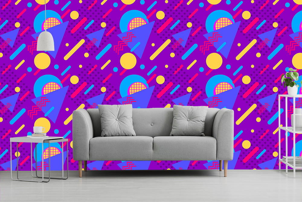 Fototapete - Bunte geometrische Muster im Wohnzimmer mit grauem Sofa