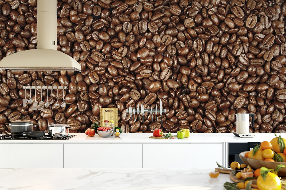 Wall mural - Close-up of a bright kitchen with a wall of coffee beans