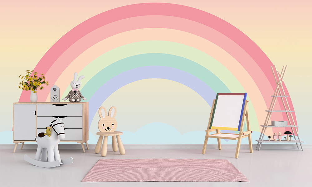 Papier peint photo - chambre d'enfant avec décoration murale arc-en-ciel, cheval jouet, tabouret en forme de lapin et chevalet