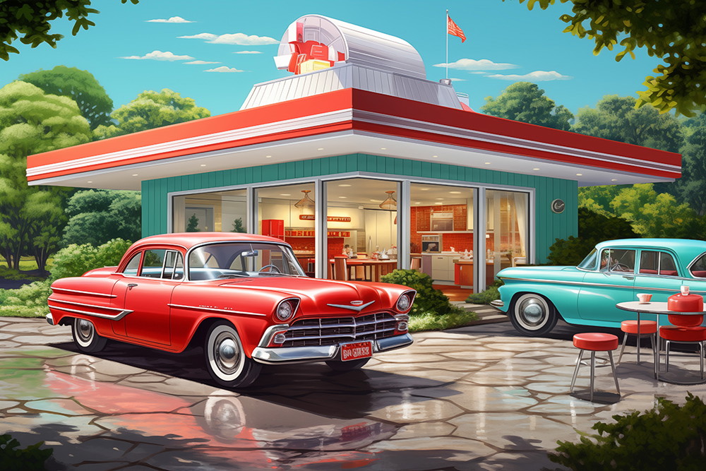 Papier peint photo - Diner rétro des années 50 avec deux voitures classiques au premier plan, entourées d'une nature verdoyante.