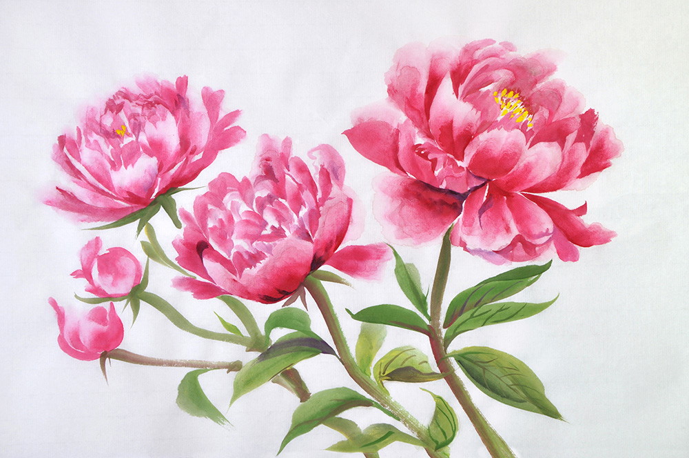 Muurschildering - Delicate roze pioenbloesems met groene bladeren tegen een lichte achtergrond
