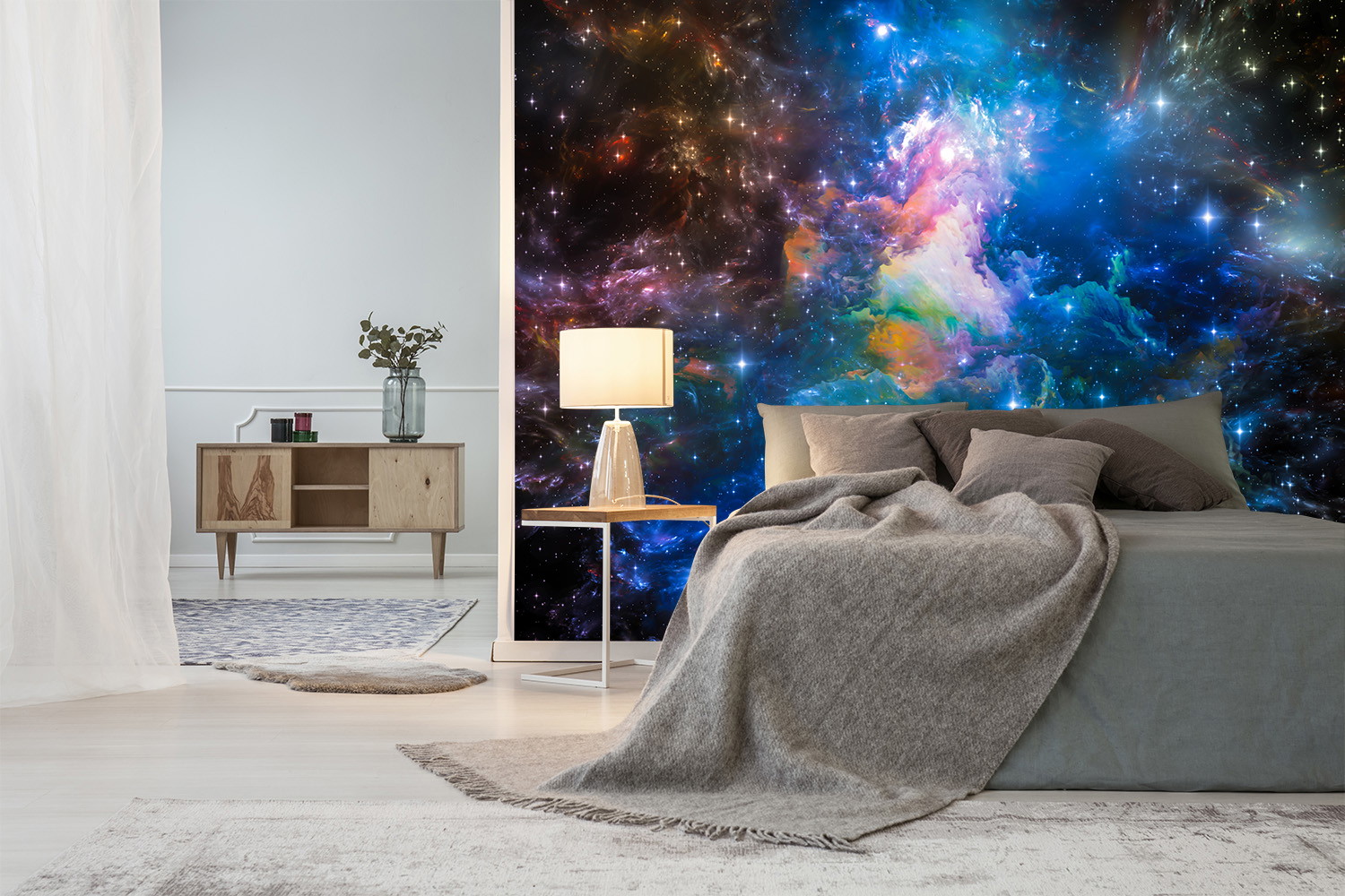 Wall mural - Bedroom with galaxy wall design, cosy bed and elegant lamp