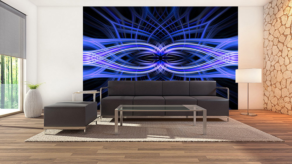 Muurschildering - Abstracte blauwe lichtlijnen op een huiskamermuur achter een zwarte bank