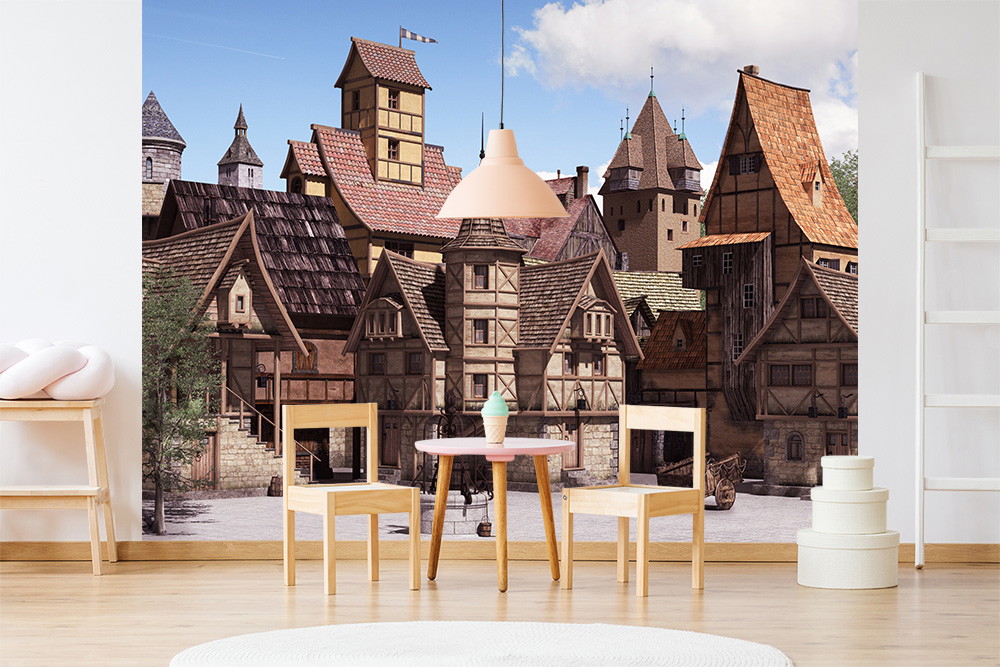 Wall mural - Living room with atmosphere of a medieval town and picturesque half-timbered houses