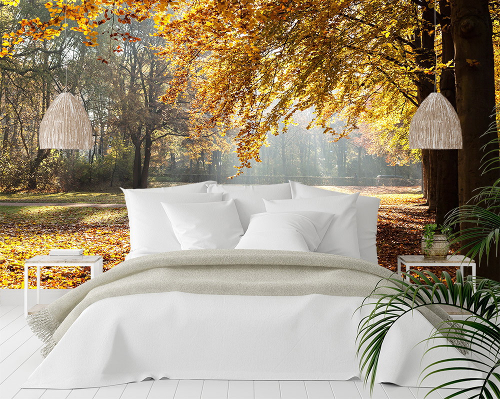 Fototapete - Modernes Schlafzimmer mit herbstlicher Waldszene im Hintergrund