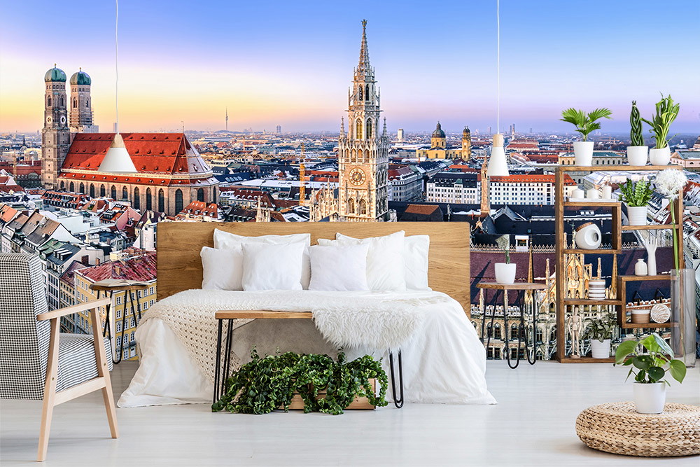 Photo wallpaper - Room with photo wallpaper of Munich showing the Frauenkirche and the New Town Hall, framed by modern furnishings