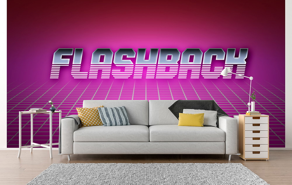 Fototapete - Wohnzimmer mit retro 3D-Schriftzug 'FLASHBACK' auf raumfüllendem pinkem Rasterhintergrund