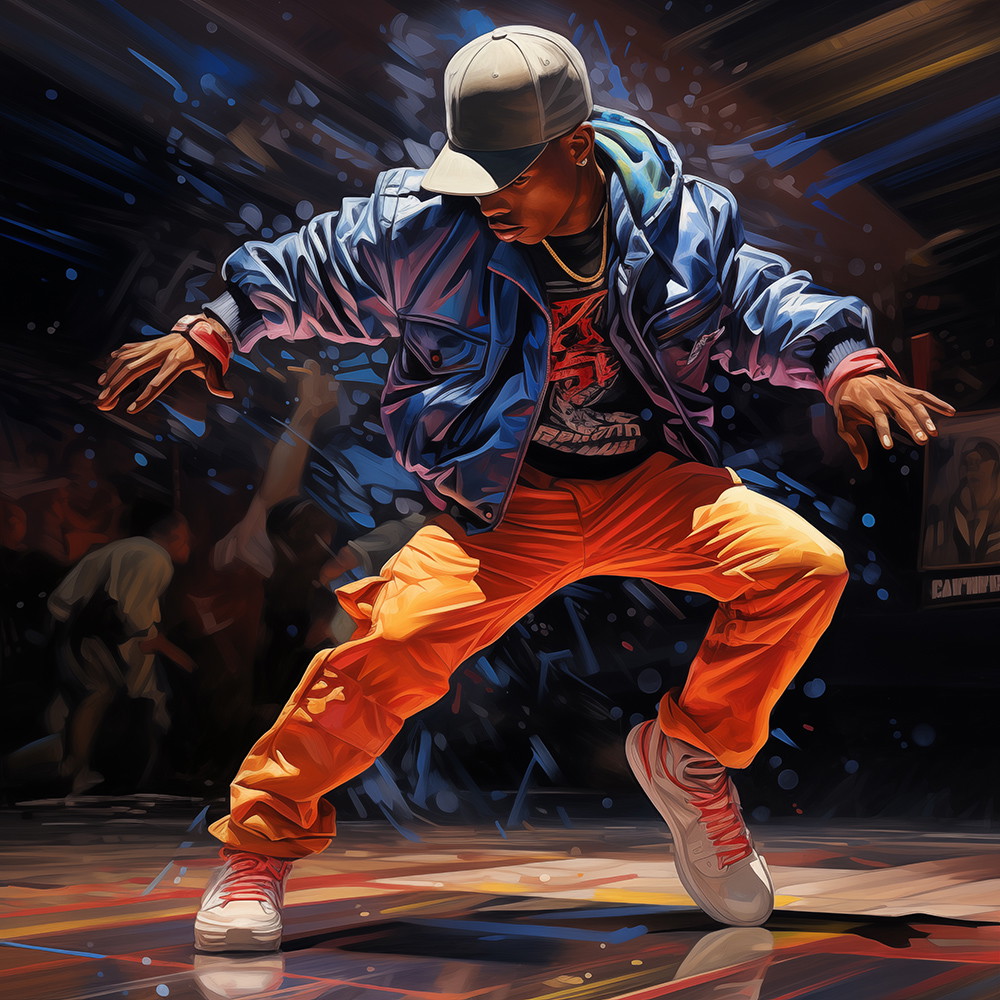 Muurschildering - Levendig streetdance moment met jongere in opvallende urban kleding tijdens een dansvoorstelling