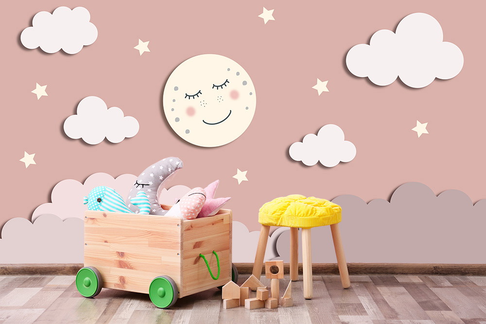 Fototapete - Kindgerechte Wandgestaltung mit Mond, Wolken und Sternen über einem Spielbereich
