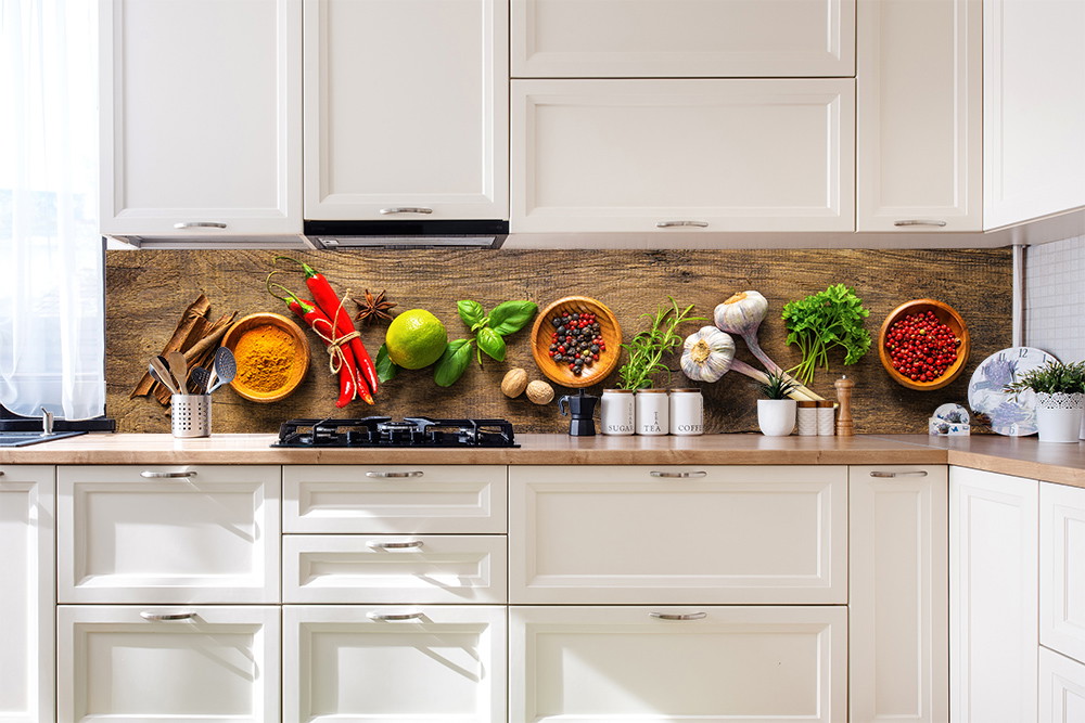 Kitchen splashback with various spices