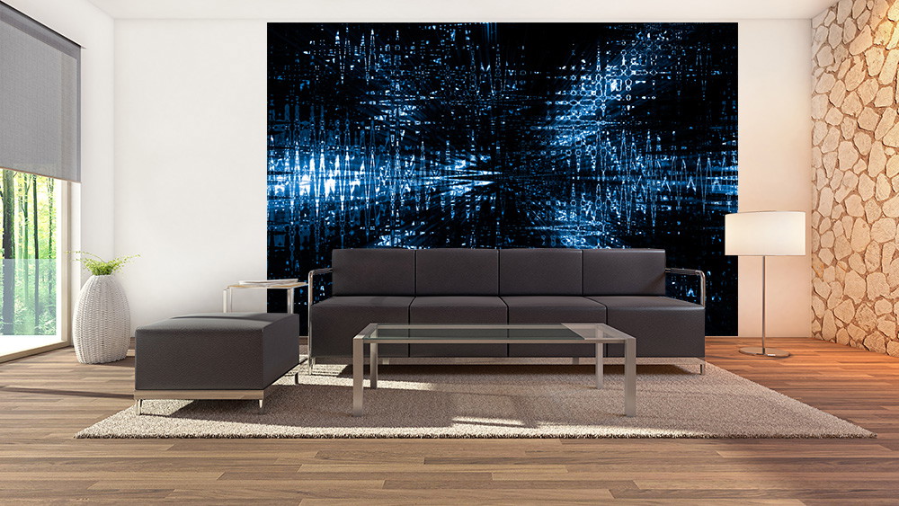 Fototapete - Wohnzimmer mit schwarzem Sofa und futuristischer blauer Wandkunst