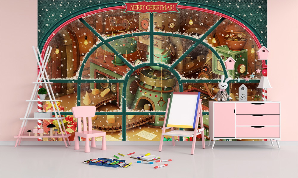 Fototapete - Detailreiche weihnachtliche Werkstattansicht durch ein großes, gewölbtes Fenster mit Schneefall, dekoriert in einem gemütlichen Kinderzimmer.
