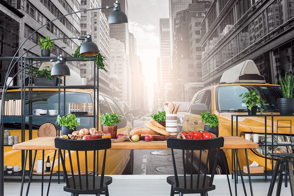 Papier peint photo - salle à manger avec une image de la ville de New York et des taxis jaunes, combinée avec des meubles de cuisine modernes