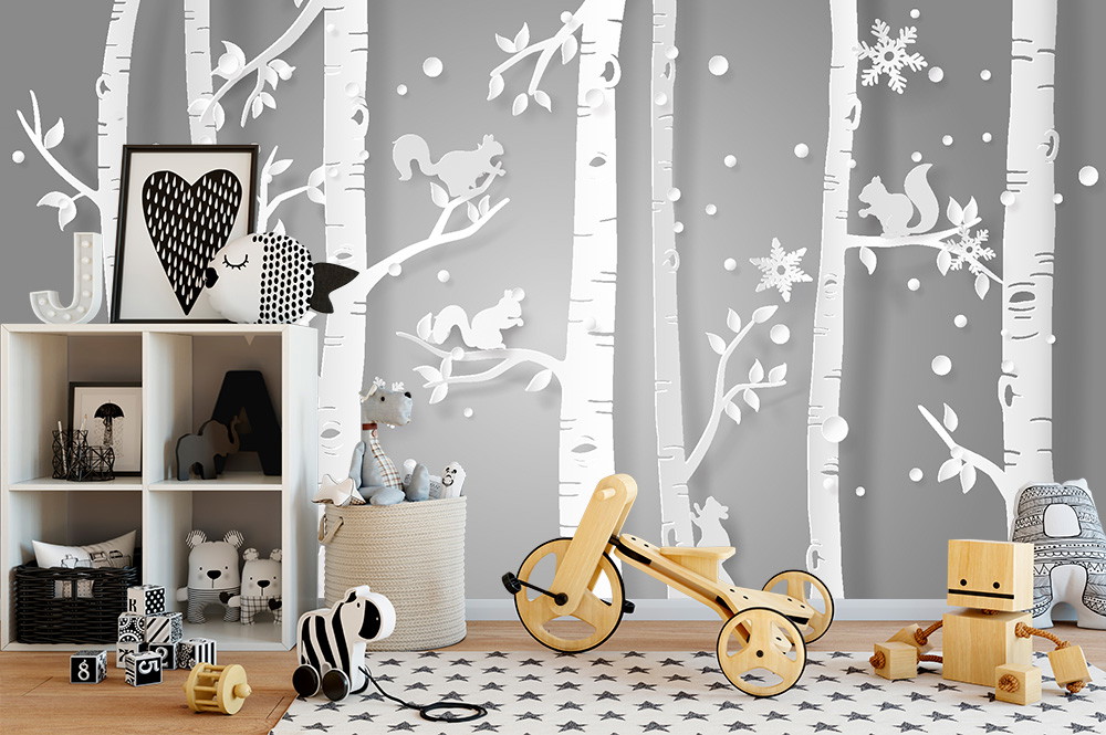 Fototapete - Kinderzimmer mit skandinavischem Design, Waldmotiv-Tapete und Holzspielzeug