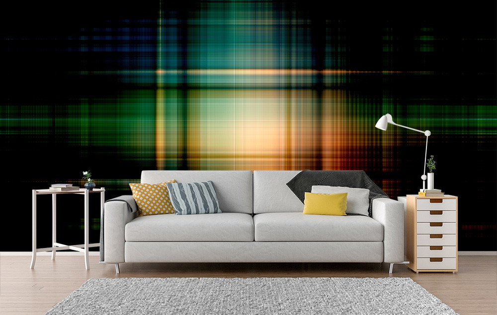 Fototapete - Wohnzimmer mit moderner abstrakter Kunst, Farbverlauf aus Grün, Blau und Orange hinter einem hellen Sofa