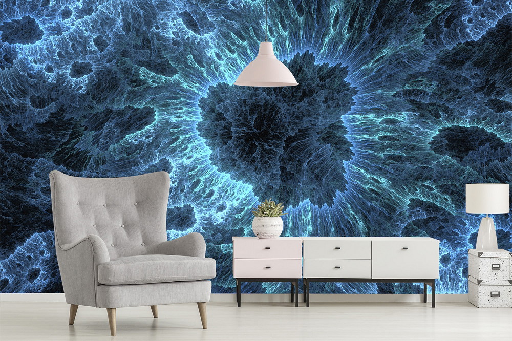 Wall mural - Living room with blue fractal design wallpaper, grey armchair and white sideboard