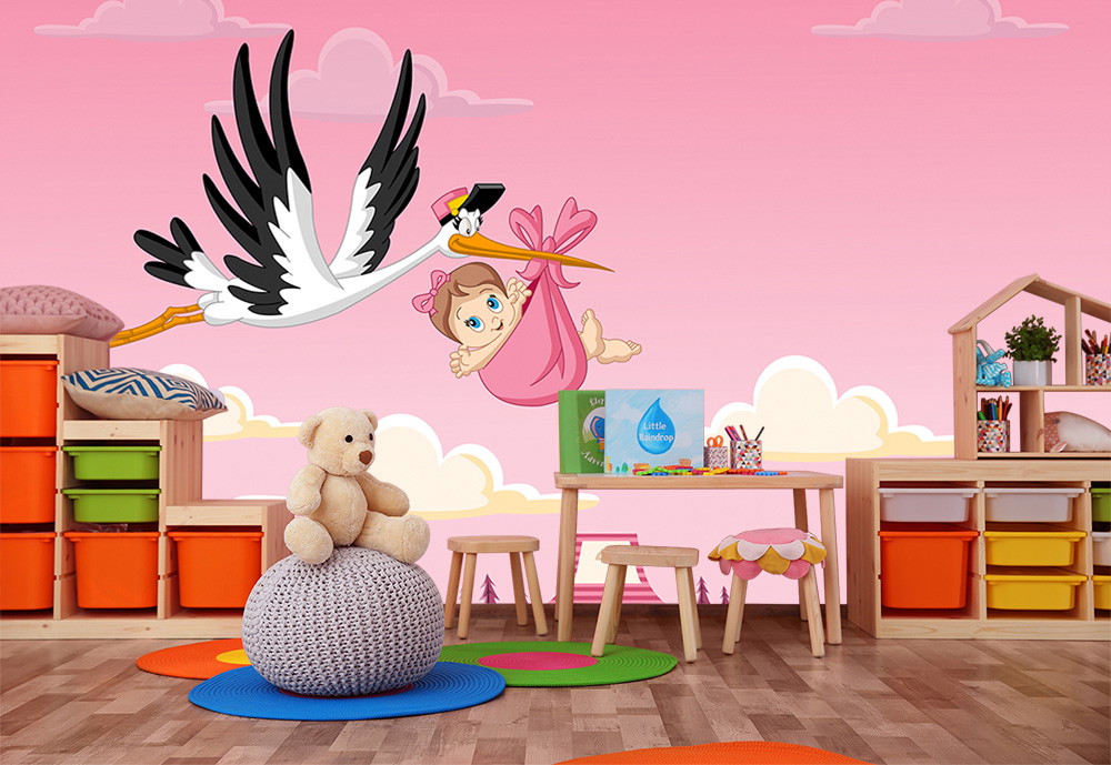 Wall mural - nursery with pink wall, stork and baby in pouch motif, colourful decor