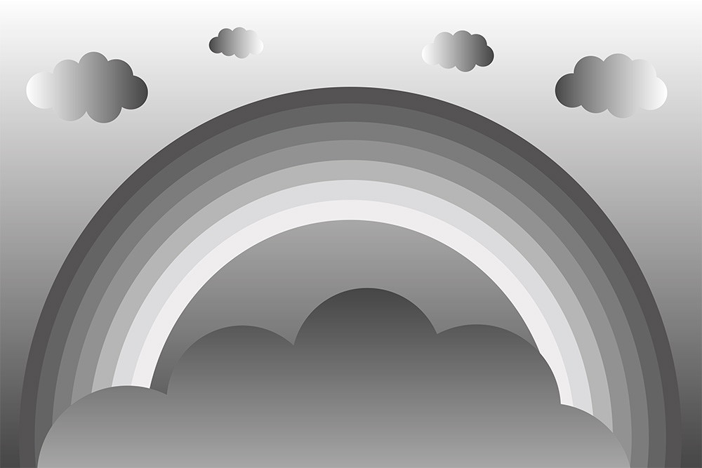Papier peint photo - arc-en-ciel noir et blanc avec plusieurs nuages gris dans un design stylisé et minimaliste