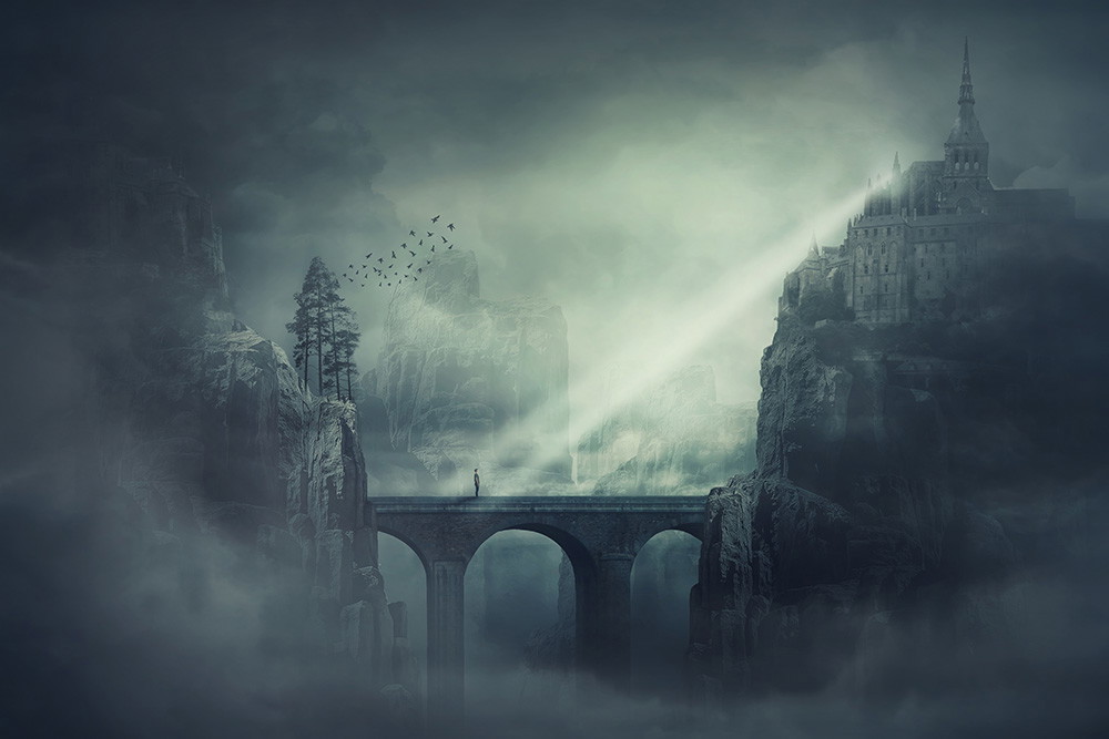 Wall mural - Mystical landscape with bridge and castle in the fog