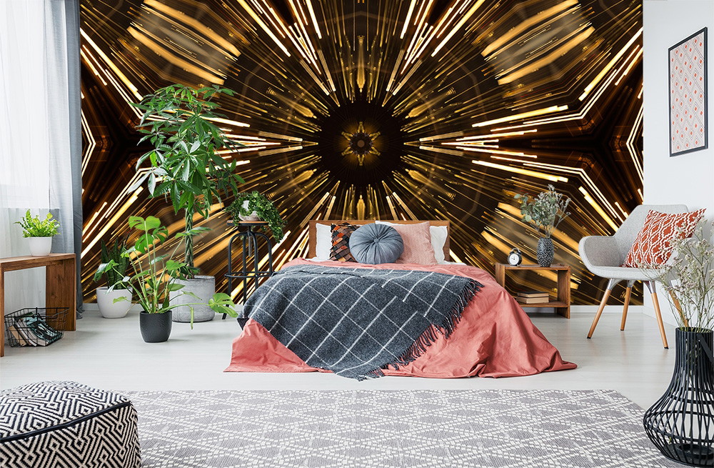 Fototapete - Schlafzimmer mit künstlerischem Wanddesign und Pflanzen, das stilvolle Beleuchtung akzentuiert