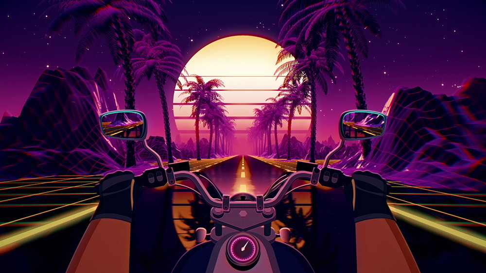 Fototapete - Fahrt auf einem Motorrad durch eine futuristische, neonbeleuchtete Landschaft mit Palmen bei Sonnenuntergang