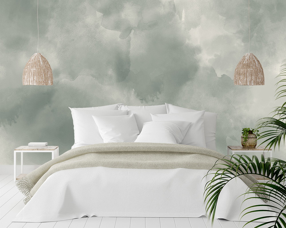 Fototapete - Modernes Schlafzimmer mit weißem Bett, grüner Wanddekoration und Rattanlampen