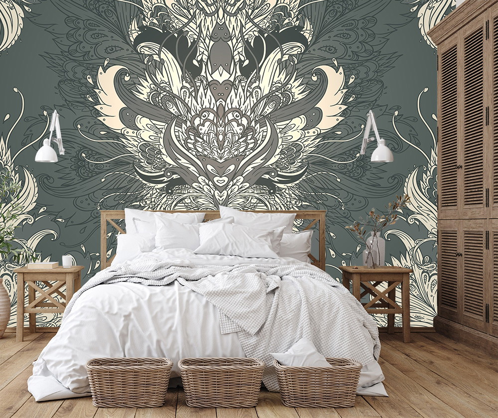 Fototapete - Schlafzimmer mit aufwendigem floralem Muster und hölzernem Interieur